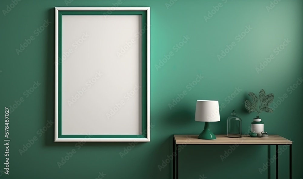 Poster a green room with a table, lamp, and a picture frame on the wall with a blank space on it for text o