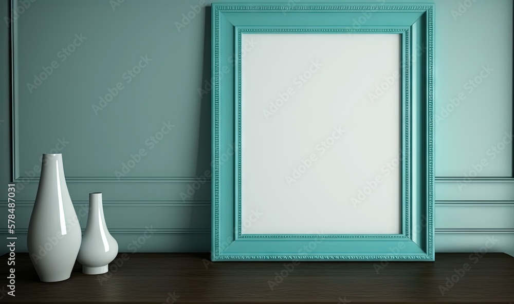 Poster a picture frame sitting on a table next to two vases and a vase on a table in front of a wall with a