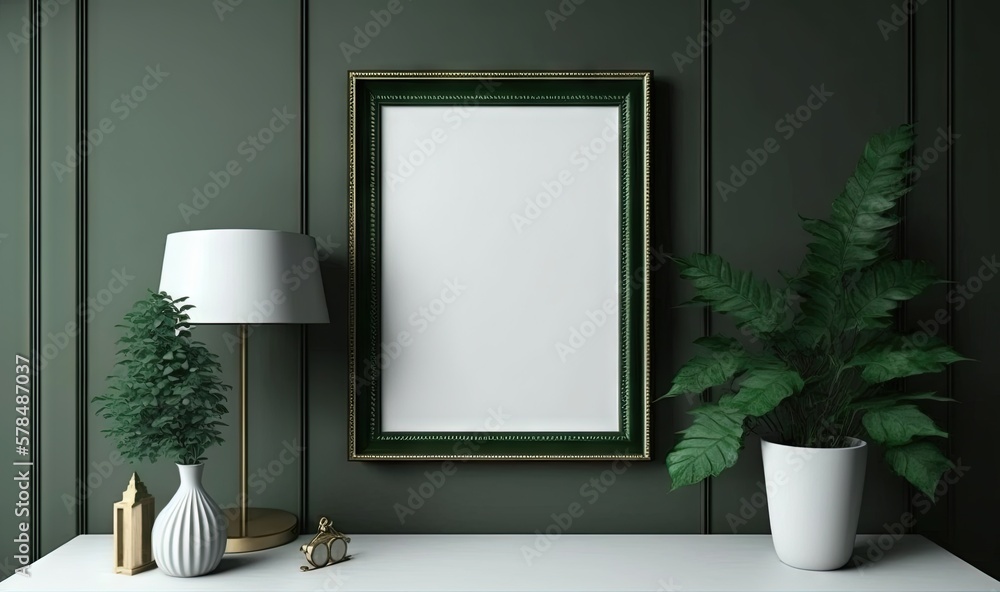 Poster a green room with a picture frame and a potted plant on a table with a lamp and a lamp shade on the 