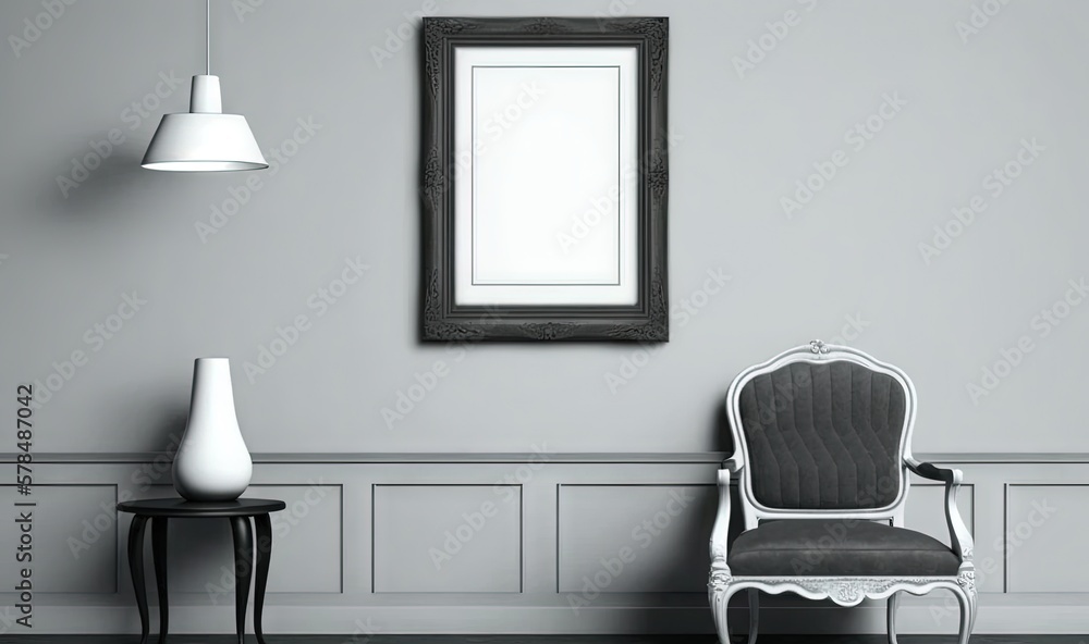 Poster a chair and a lamp in a room with a picture frame on the wall and a lamp on the floor next to the ch