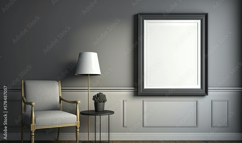 Poster a chair and a lamp in a room with a mirror on the wall and a lamp on a table in front of the mirror 