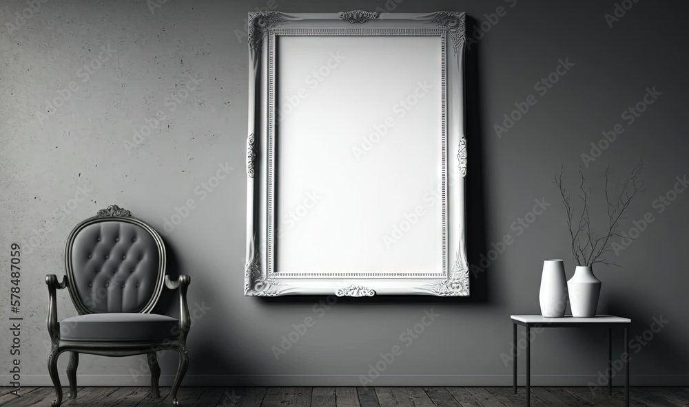 Poster a chair and a mirror in a room with a table and vases on the side of the wall and a table with a vas