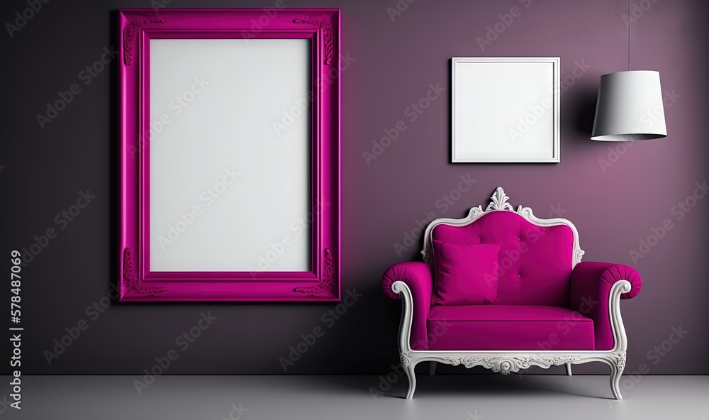 Poster a pink chair and a mirror in a room with a lamp and a lamp shade on the wall and a lamp shade on the
