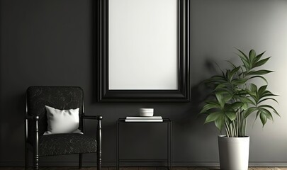  a chair and a table in a room with a large picture frame on the wall and a plant in a vase on the floor next to the chair.  generative ai