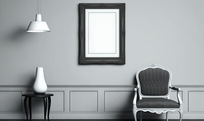  a chair and a lamp in a room with a picture frame on the wall and a lamp on the floor next to the chair and a lamp on the wall.  generative ai