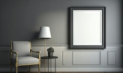  a chair and a lamp in a room with a mirror on the wall and a lamp on a table in front of the mirror on the wall.  generative ai
