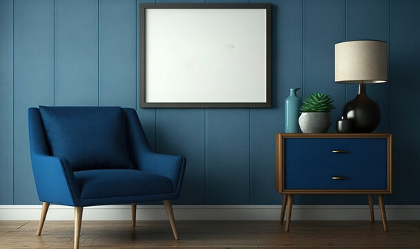  a blue chair in a room with a blue wall and a blue cabinet with a lamp and a picture on the wall with a quote above it.  generative ai