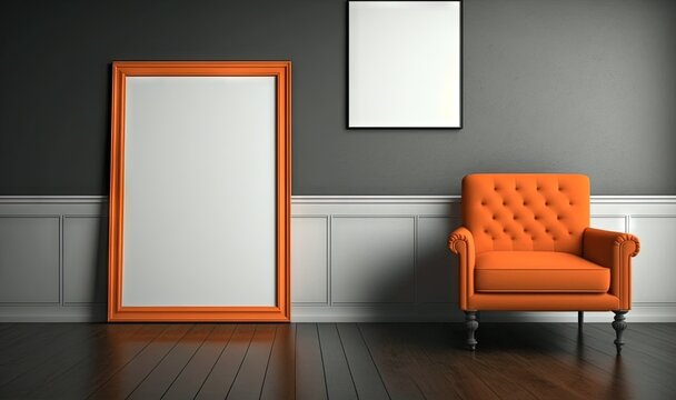  an orange chair and a white framed mirror in a room with a wooden floor and a gray wall with a white paneled door and a chair.  generative ai