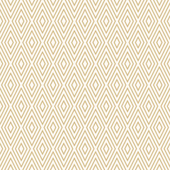 Abstract vector geometric seamless pattern. Luxury golden background. Simple ornament with rhombuses, diamonds, lines, stripes. Minimal gold and white texture. Repeat design for decor, fabric, print