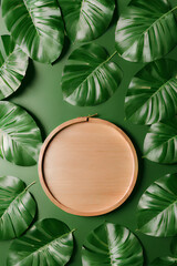 Vacant circular wooden base for showcasing products on a backdrop of lush green foliage. Created by an AI algorithm