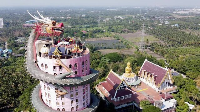 Overhead aerial view of Wat Samphran Dragon Temple in the Sam Phran District - Nakhon Pathom province, Bangkok, Thailand