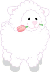 Illustrated spring lamb with a pink tulip in its mouth