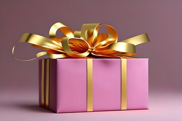Shopping Birthday Pink Gift Box With Golden Bows And Gold Sequins Confetti On Pastel Background. Gift Box Flying And Falling. Generative AI