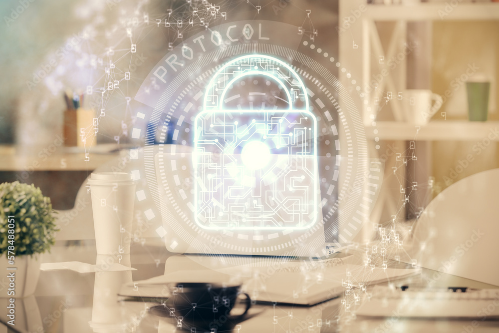 Poster multi exposure of lock drawing and office interior background. concept of data security.
