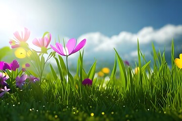 Spring Nature Banner With Grass, Flowers And Bokeh Glow In Sunny Day. Generative AI