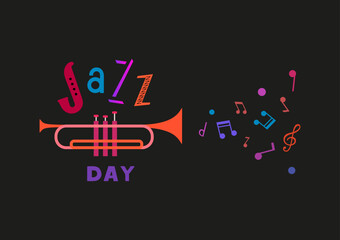 Jazz Music Day hand drawn flat colorful vector. Fancy lettering Jazz. Vintage musical instrument cartoon minimal design element. Music Fest event advertisement flyer, banner background illustration