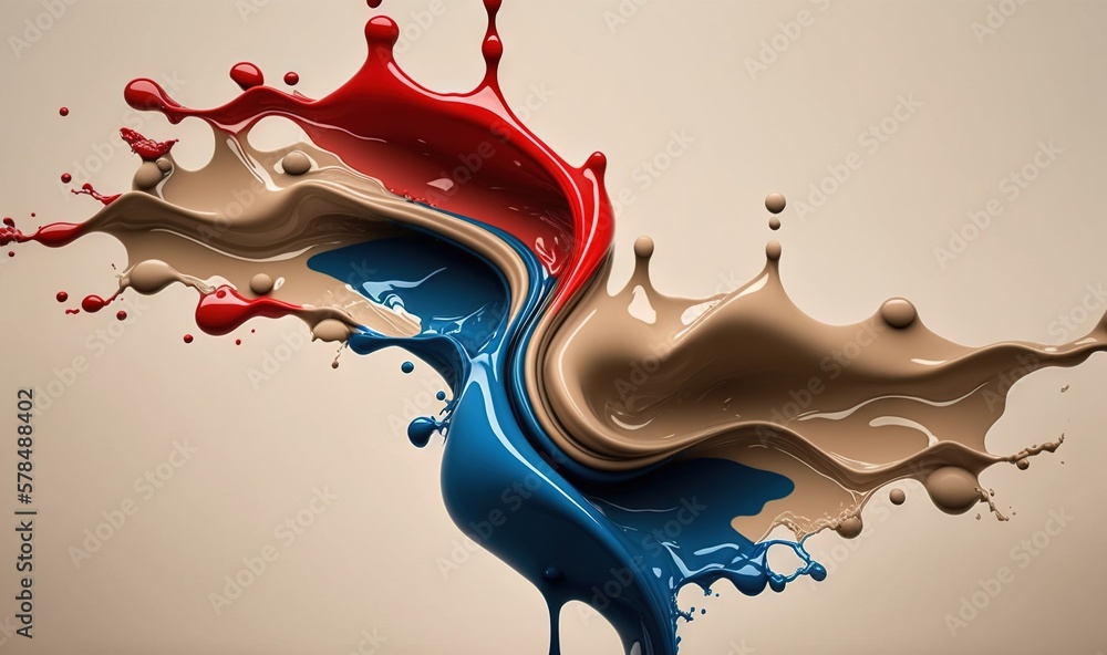 Poster a red, white and blue liquid splashing out of a computer monitor screen, creating a splash of color 