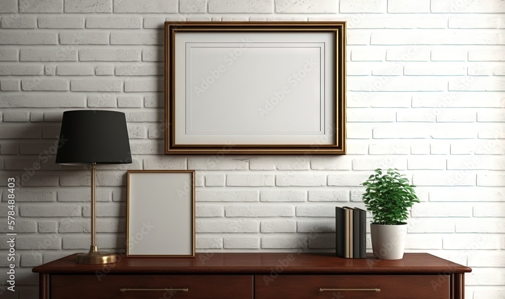 Poster an empty picture frame on a wooden dresser next to a lamp and a potted plant on a table with a lamp 