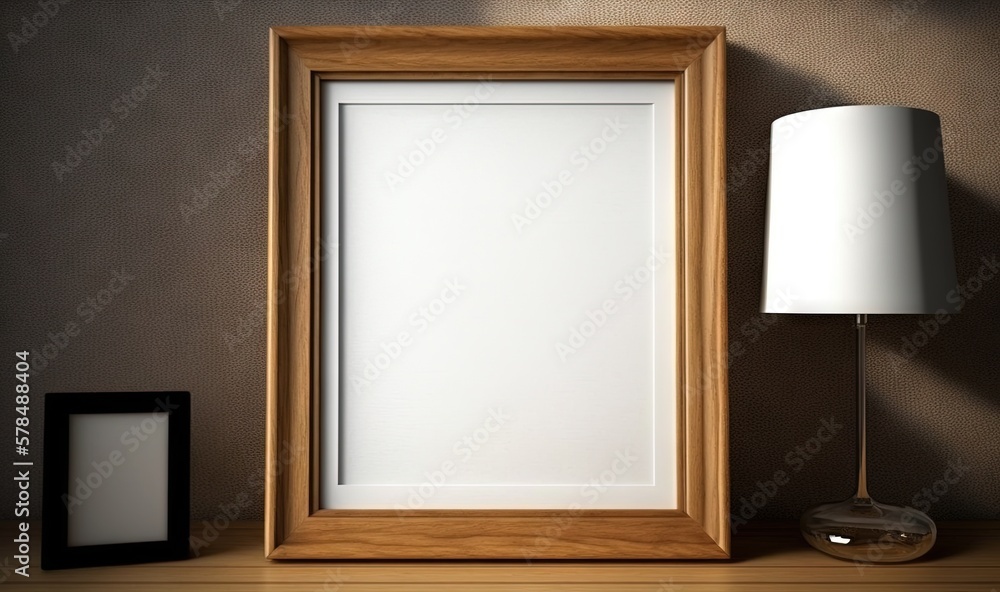 Poster  a picture frame sitting on a table next to a lamp and a picture frame on a table with a lamp on it and a picture frame next to it.  generative ai