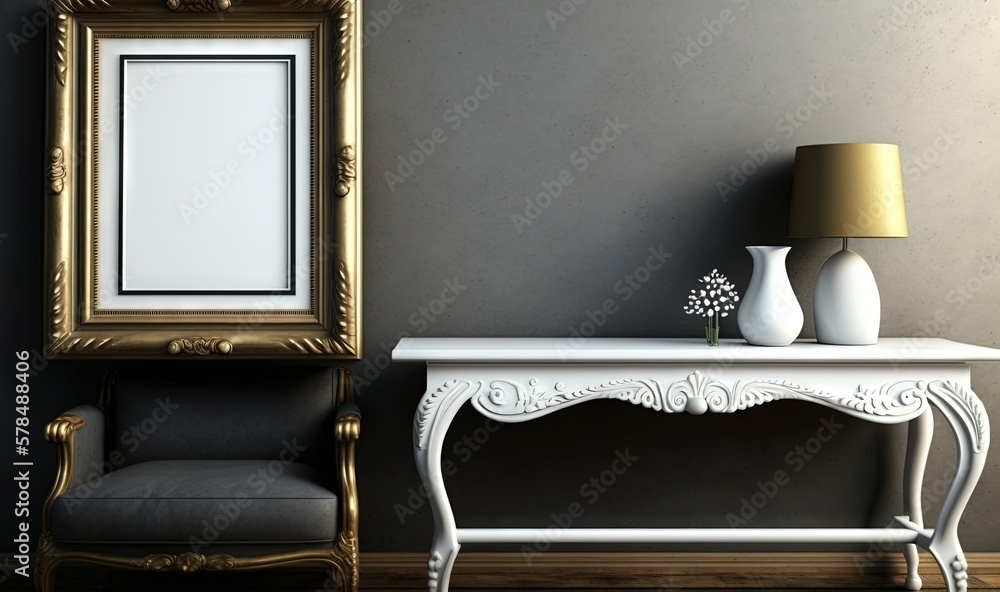 Aufkleber a white table with a gold framed mirror and a chair with a lamp on it next to a white table with a g