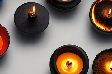 Top View Of Six Burning Candles On white Background. Generative AI