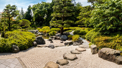Panoramic view of the Japanese garden in Loki-Schmidt-Garten, Klein Flottbek, Hamburg, featuring...