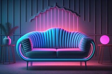 Modern 3d rendering sofa abstract minimalist gaming background with neon pink effect wallpaper