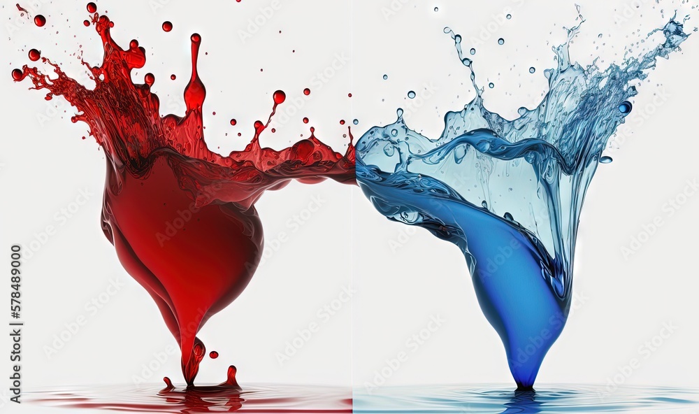 Poster a red and a blue liquid splashing into each other's sides in the same direction on a white backgroun