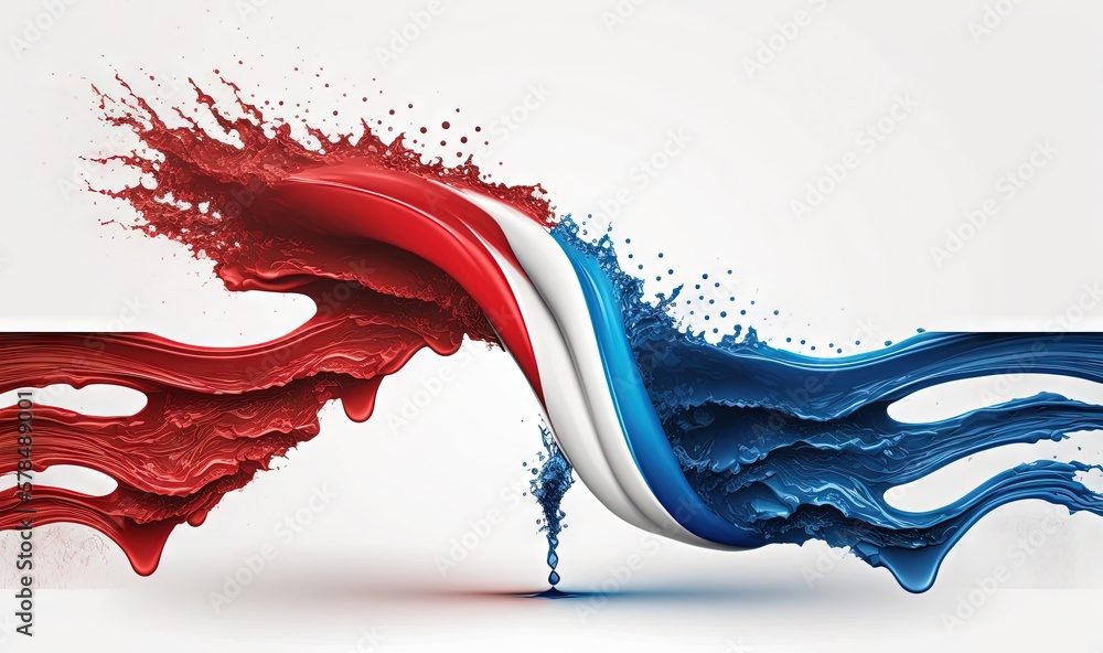 Poster a red white and blue wave splashing out of the water with a white and blue stripe on the bottom of i