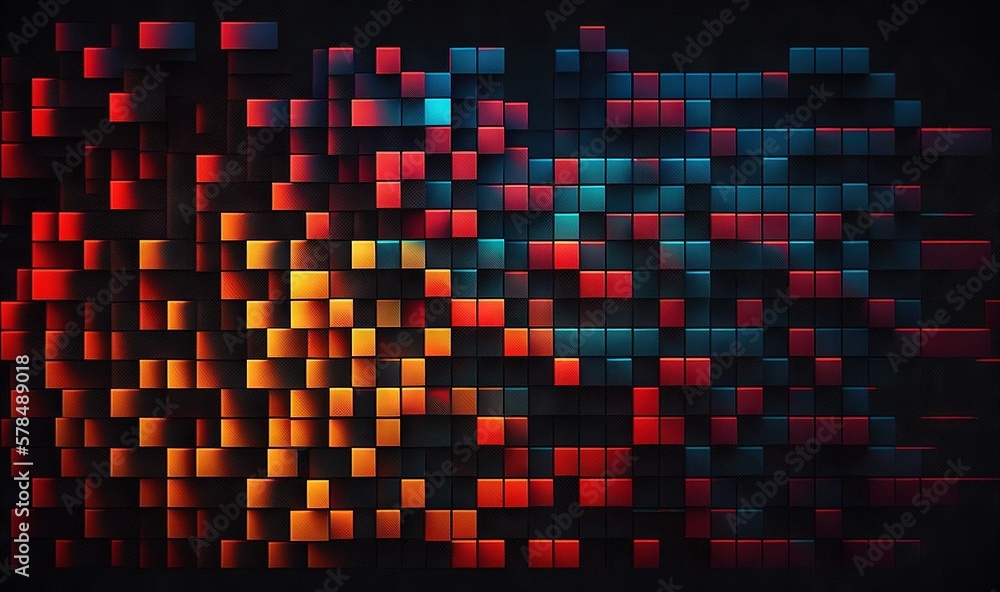 Poster an abstract background of squares in red, orange, and blue on a black background with space for text