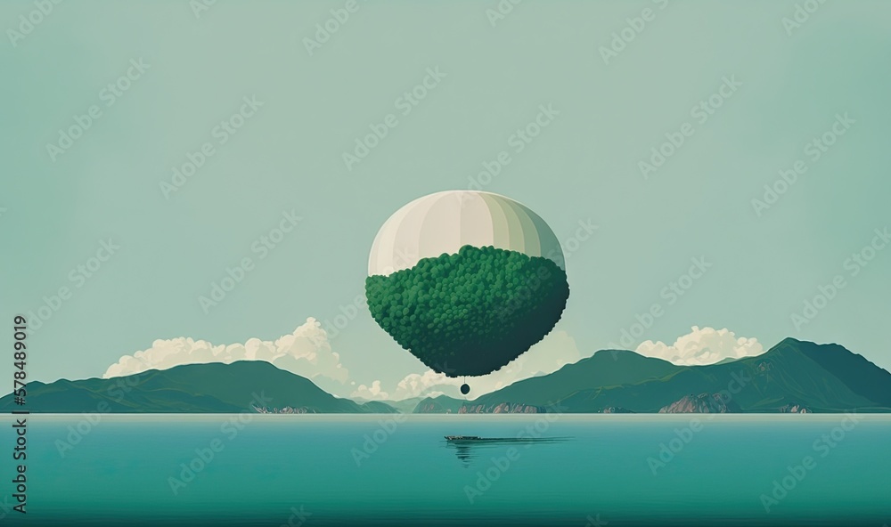 Poster  a balloon flying over a body of water with mountains in the background and a boat floating in the water below the balloon is floating in the air.  generative ai