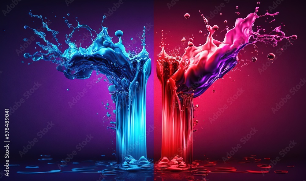 Poster two colorful liquid splashing into each other in a glass of water on a black and red background with