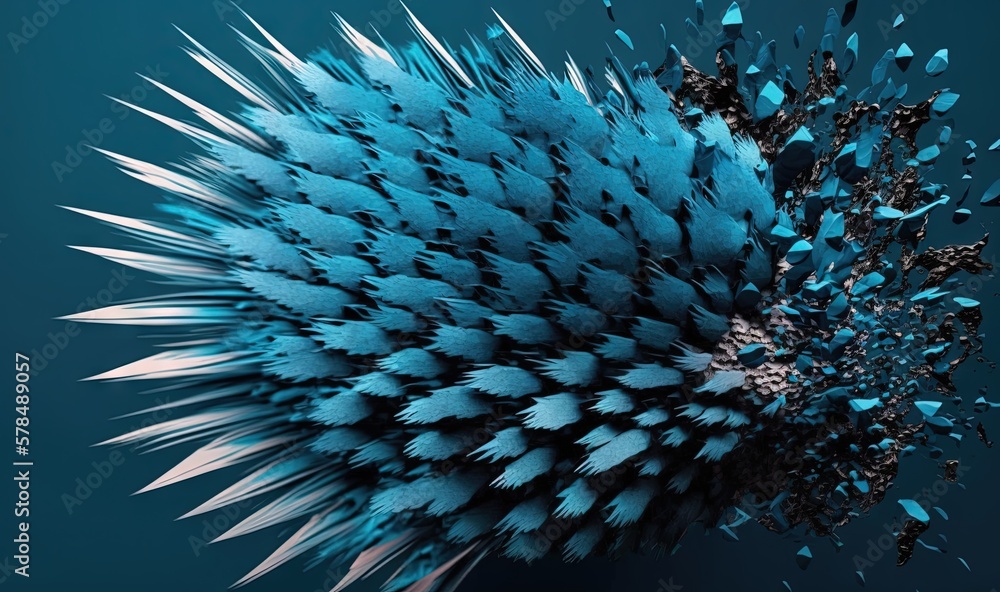 Poster a blue and black object with many spikes on it's head and body, with a blue background and a black b