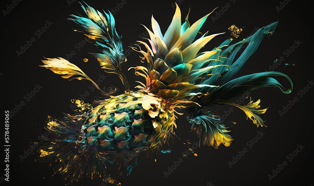 Aufkleber a pineapple with a bunch of feathers on it's head and a black background with a splash of paint on t
