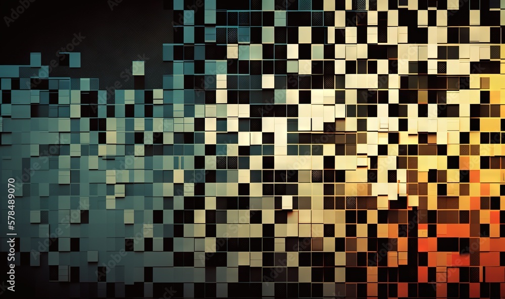 Poster an abstract image of squares and squares of different colors and sizes, with a black background and 