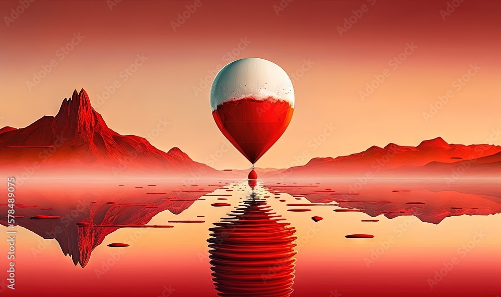 Poster a red and white balloon floating over a body of water with mountains in the background and a red and