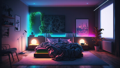 Modern gaming dream bedroom luxurious life style with neon pink light and other room elements