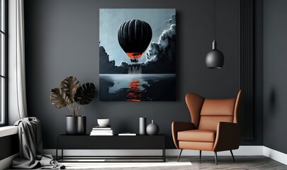  a painting of a hot air balloon in a room with a chair and a table in front of a window with a lamp on it.  generative ai