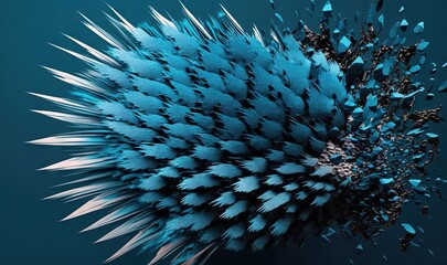  a blue and black object with many spikes on it's head and body, with a blue background and a black background with a white border.  generative ai