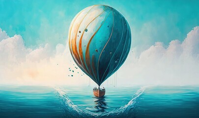  a painting of a hot air balloon floating in the air over a body of water with a boat in the water and a sky with clouds behind it.  generative ai