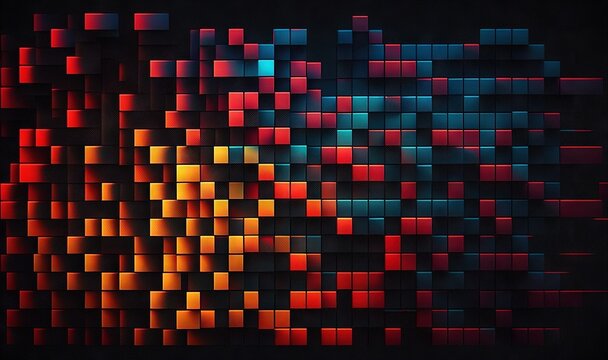  an abstract background of squares in red, orange, and blue on a black background with space for text or images to be put on.  generative ai