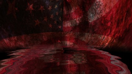 USA flag on grunge bloody background reflected in water