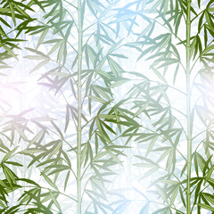 Seamless pattern background of green bamboo stem with leaves in the fog. Vector illustration