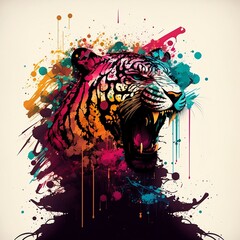 Colored graffiti painted tiger on white back round pink, blue, green, orange, orange