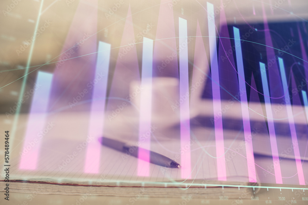 Aufkleber double exposure of financial graph drawings and desk with open notebook background. concept of forex