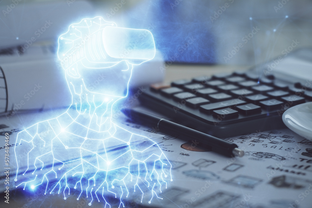 Poster double exposure of man in vr glasses drawing and desk with open notebook background. concept of ar