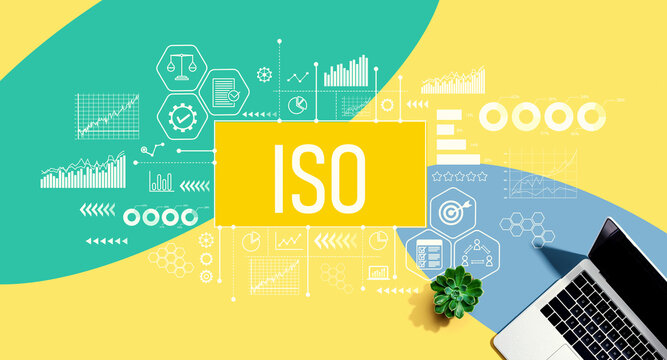 ISO theme with a laptop computer on a yellow, green and blue pattern background