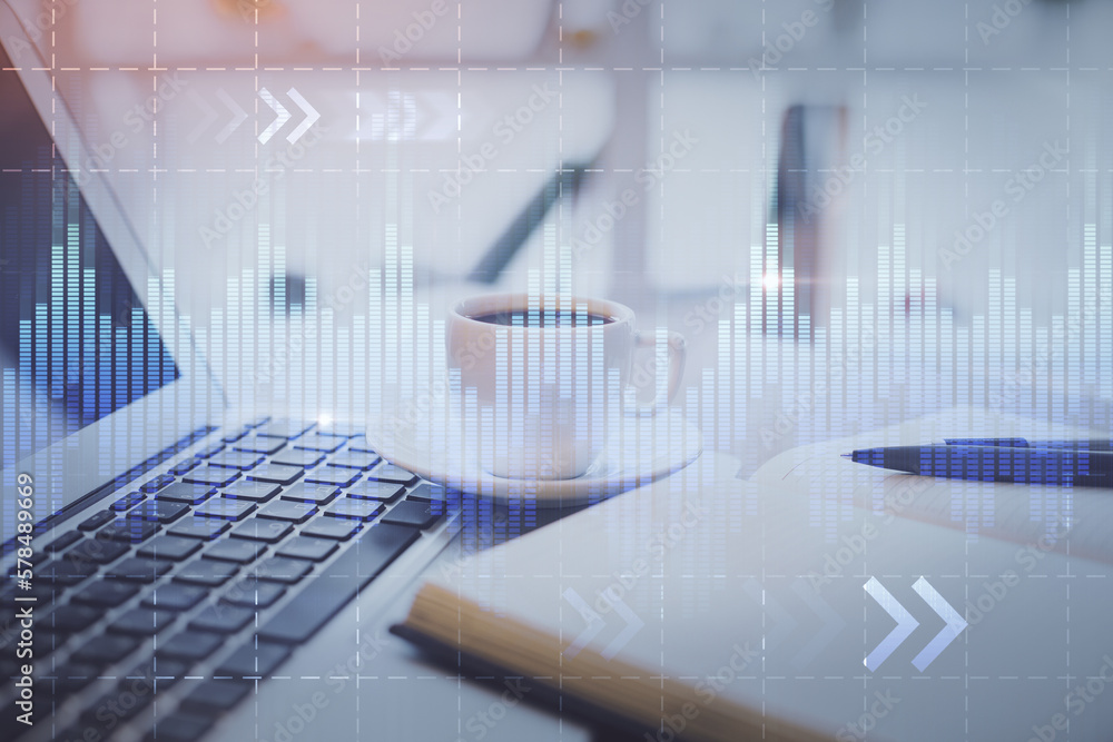 Poster double exposure of financial chart drawing and desktop with coffee and items on table background. co