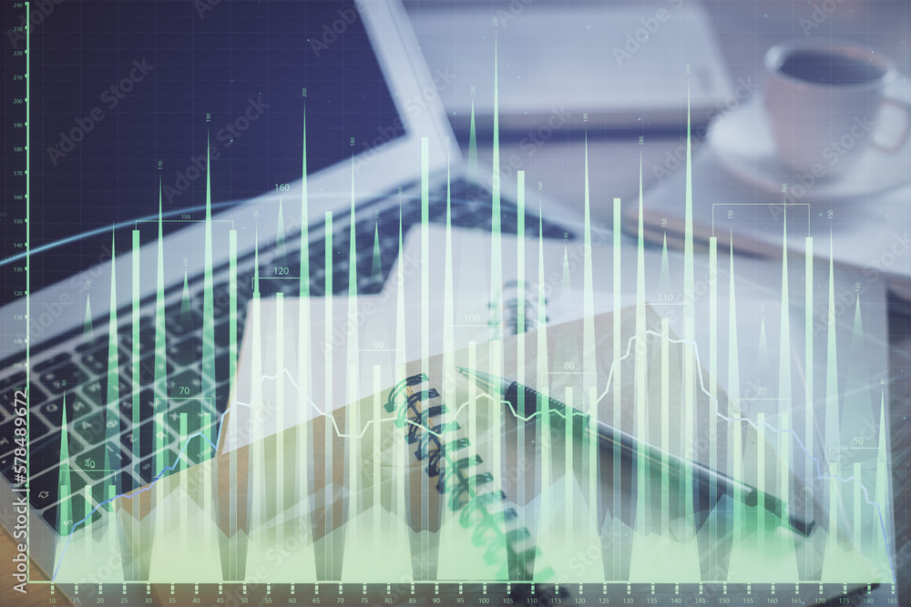 Poster Double exposure of financial chart drawing and desktop with coffee and items on table background. Concept of forex market trading