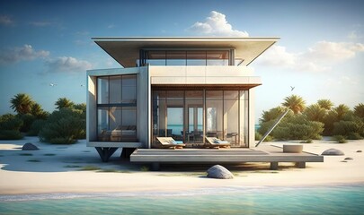 Fototapeta premium a rendering of a house on a beach with a dock. generative ai